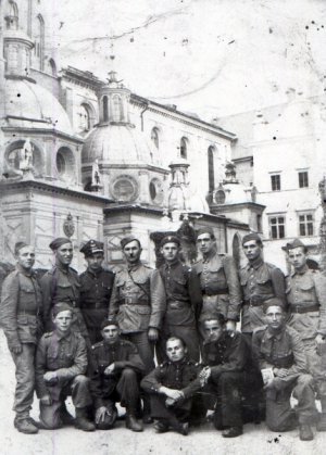Policjanci w mundurach, w tle kaplica Zygmuntowska na Wawelu.